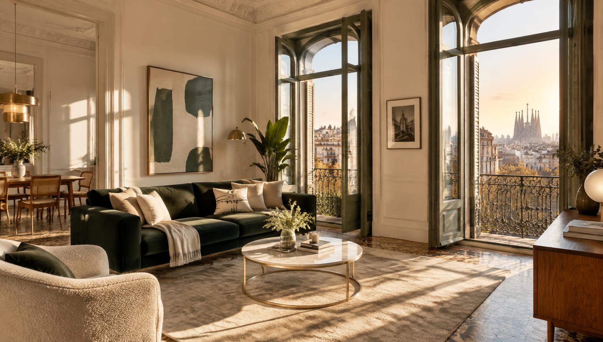 Salón luminoso de un piso en Barcelona